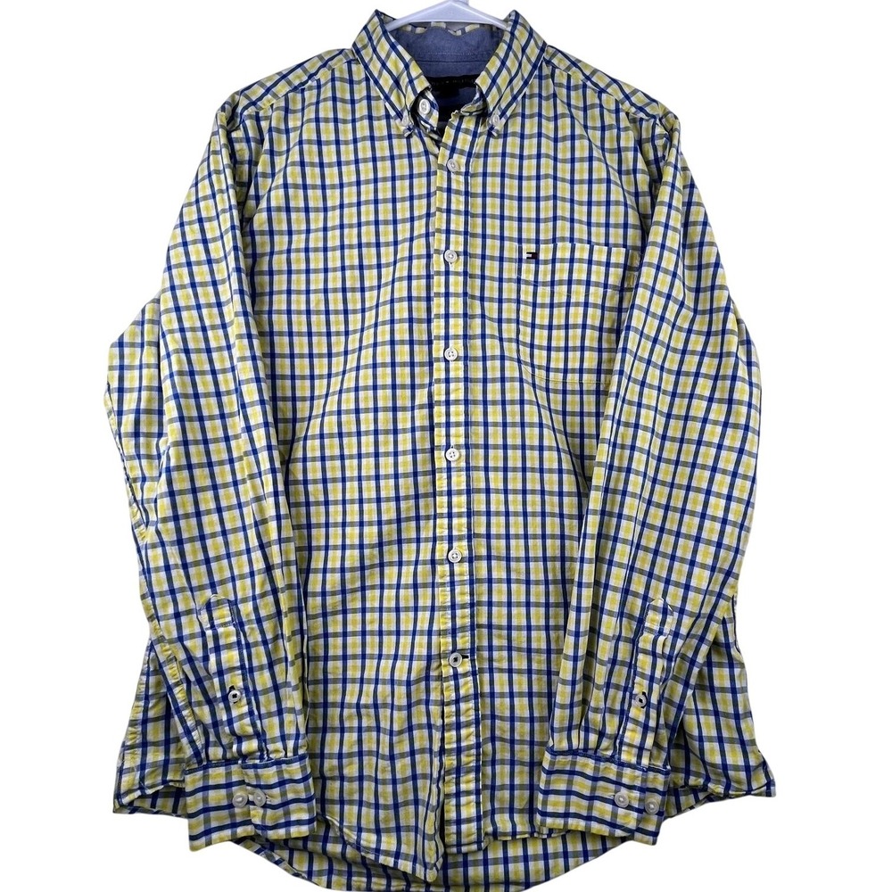 Tommy Hilfiger Button Down Shirt Mens L Yellow Blue Check Custom Fit Long Sleeve